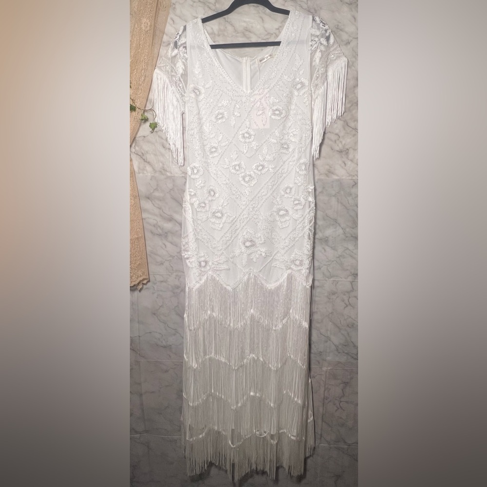 Gatsby Flapper Fringe Beaded Formal Wedding Dress Vintage XL fits more like M/L - Picture 3 of 11